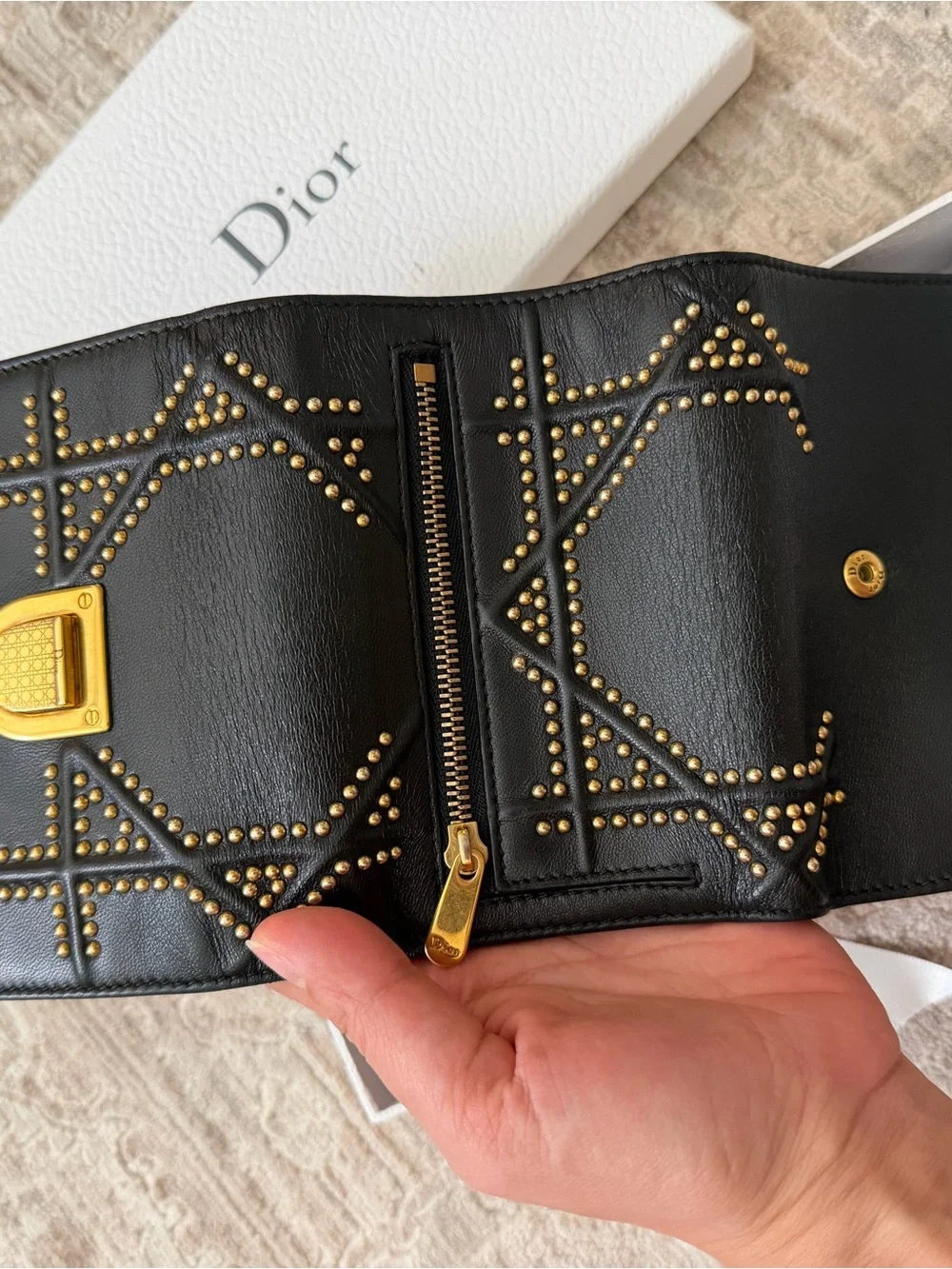 Authentic Dior Diorama Studded Black Leather Long Wallet w/ Box & Saks Receipt